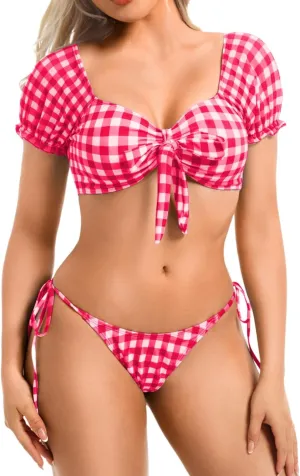 Sexy Gingham Bikini,High Cut Low Rise Tie Swimsuit Women,2 Piece Retro Checkered Bathing Suit Beach Pool Party