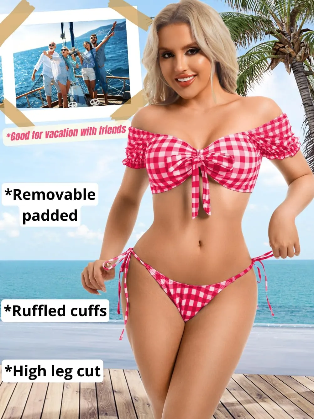 Sexy Gingham Bikini,High Cut Low Rise Tie Swimsuit Women,2 Piece Retro Checkered Bathing Suit Beach Pool Party