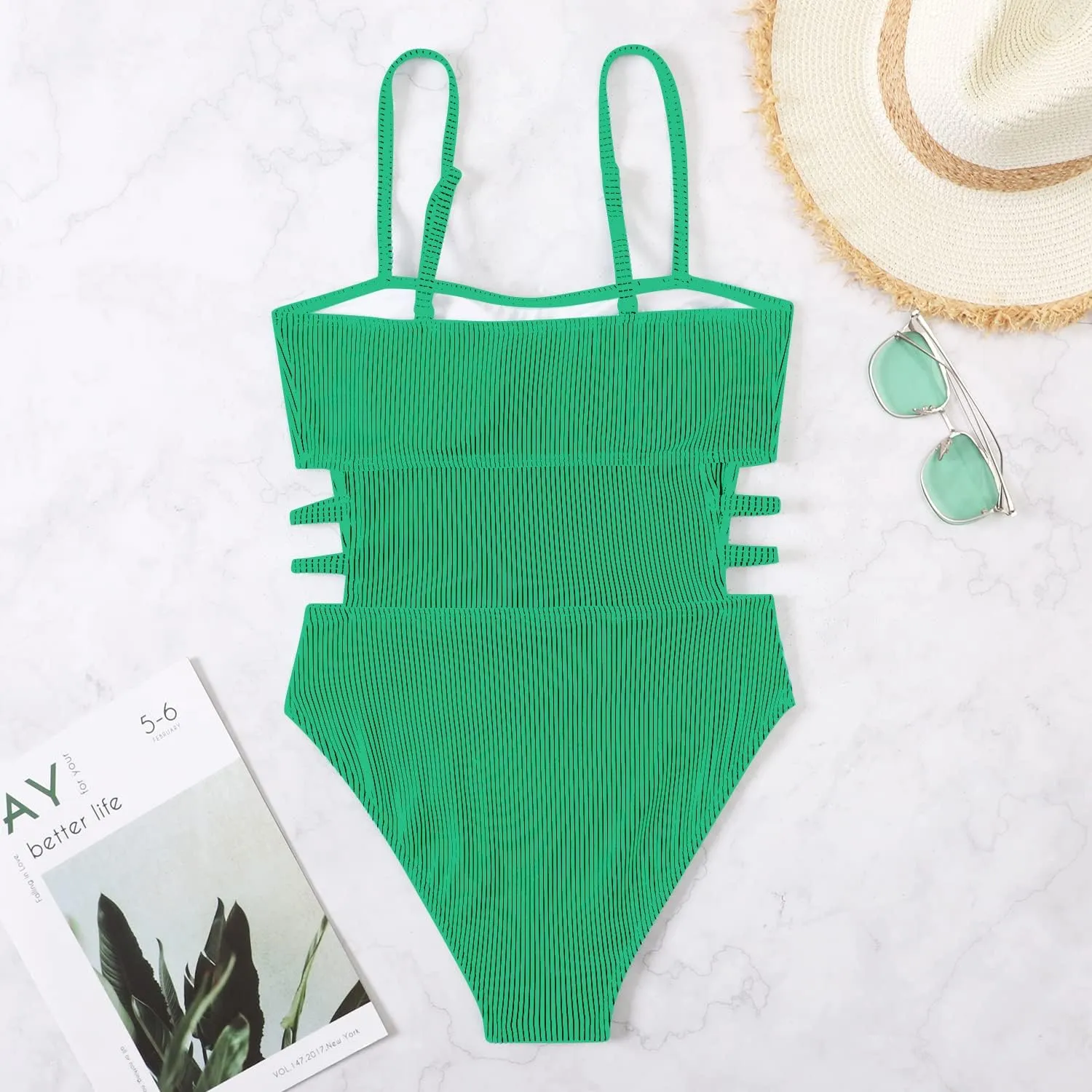 Sexy One Piece Swimsuit for Women Slimming Ribbed Bathing Suit Retro Swimsuit