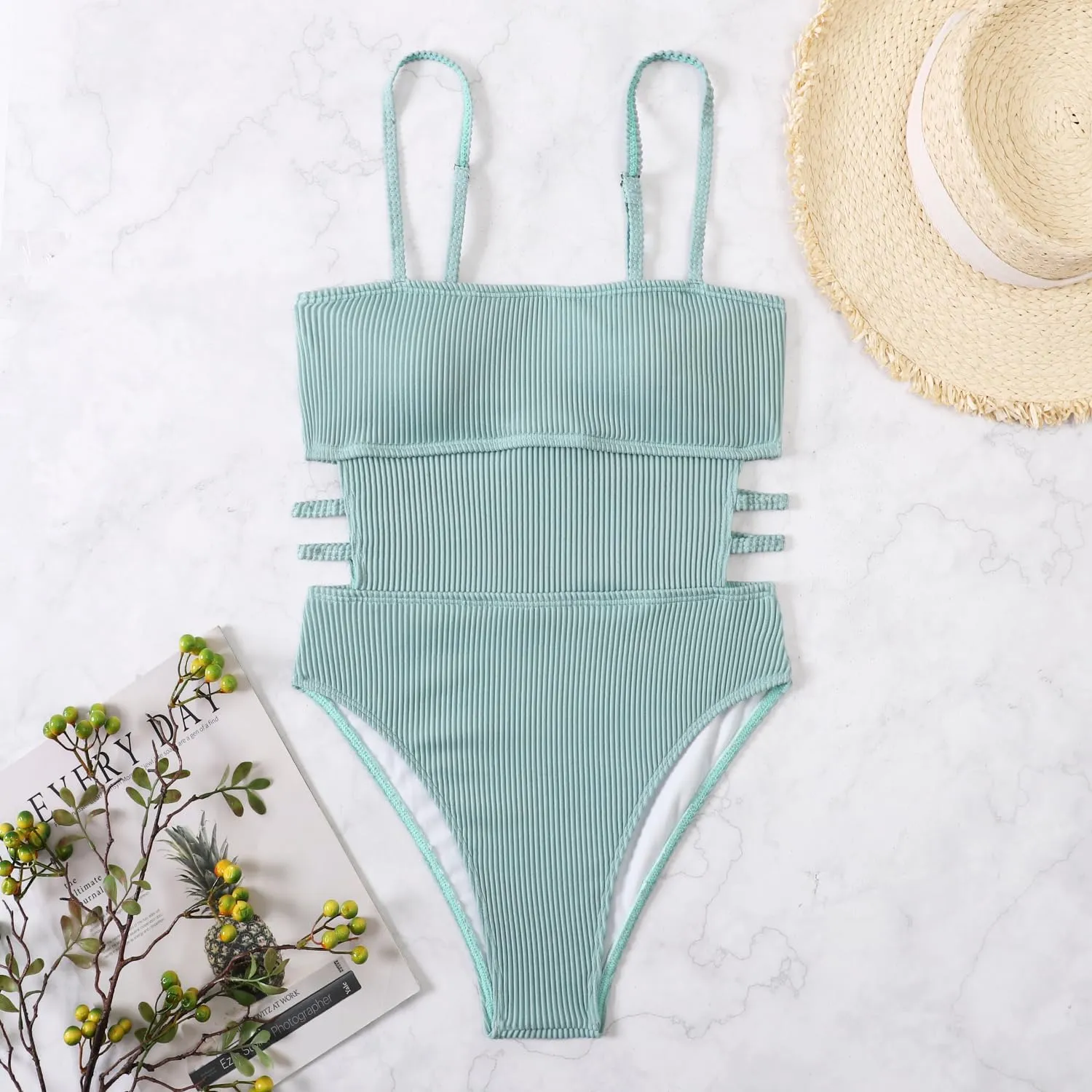Sexy One Piece Swimsuit for Women Slimming Ribbed Bathing Suit Retro Swimsuit