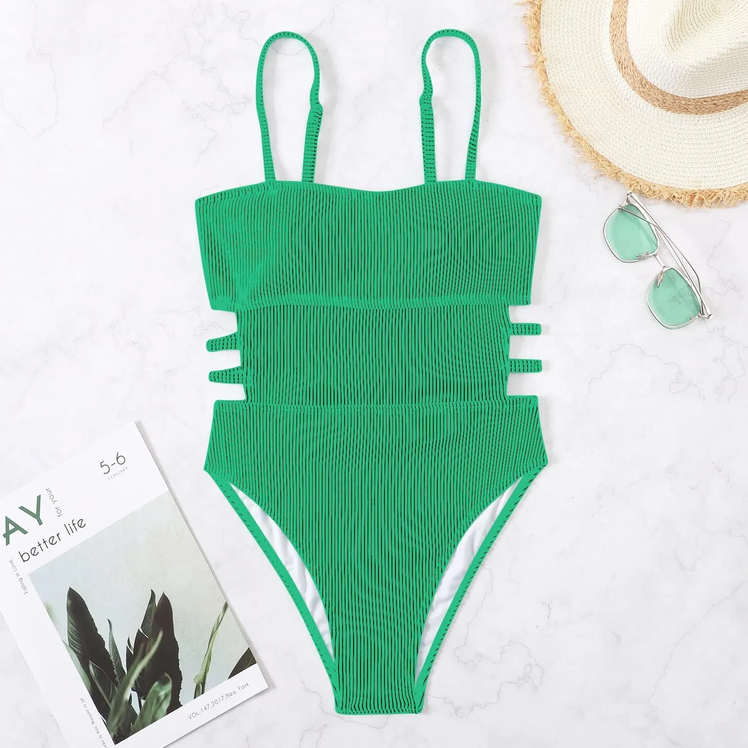 Sexy One Piece Swimsuit for Women Slimming Ribbed Bathing Suit Retro Swimsuit