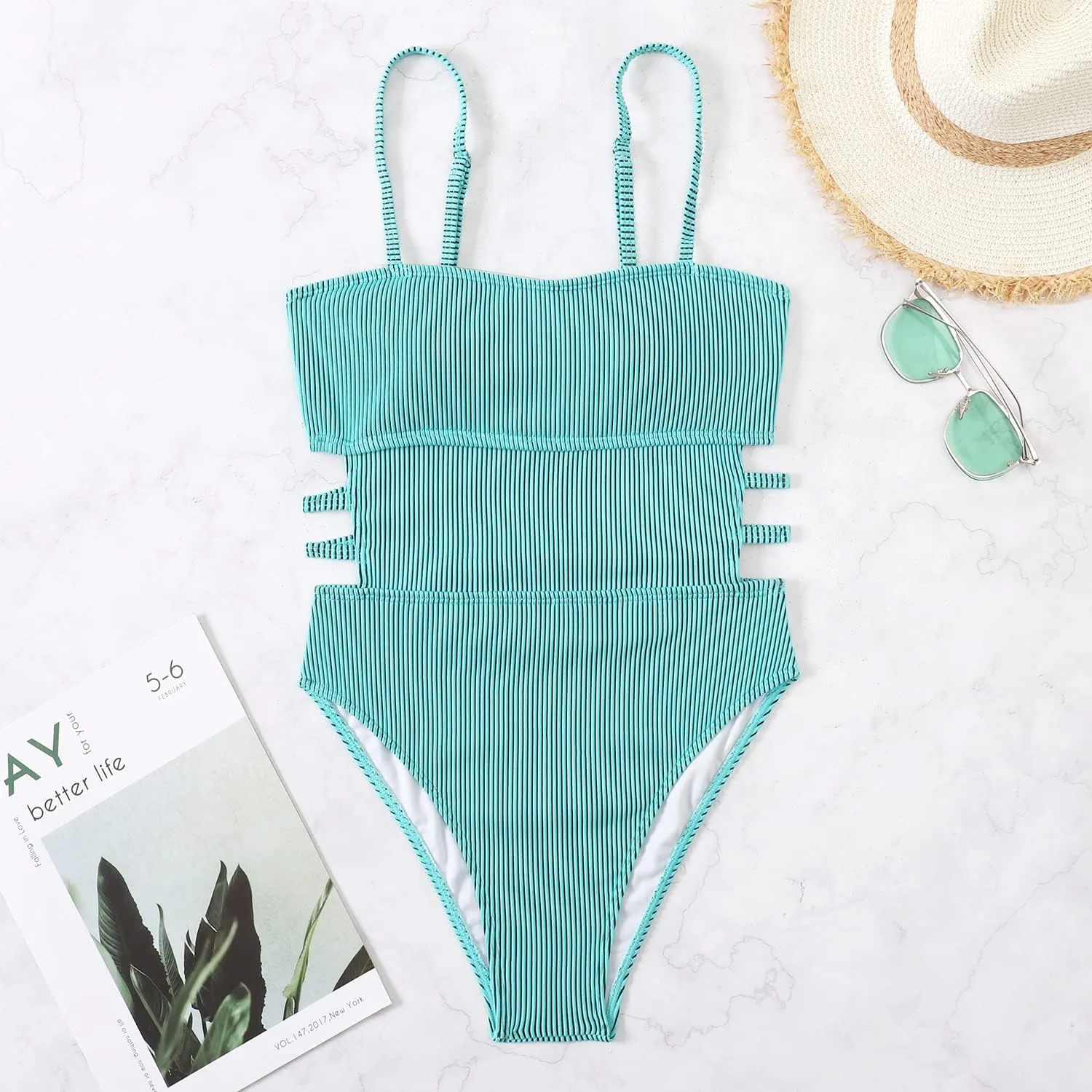 Sexy One Piece Swimsuit for Women Slimming Ribbed Bathing Suit Retro Swimsuit