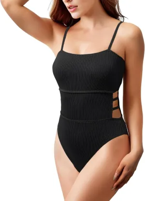 Sexy One Piece Swimsuit for Women Slimming Ribbed Bathing Suit Retro Swimsuit