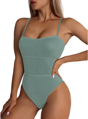 Sexy One Piece Swimsuit for Women Slimming Ribbed Bathing Suit Retro Swimsuit