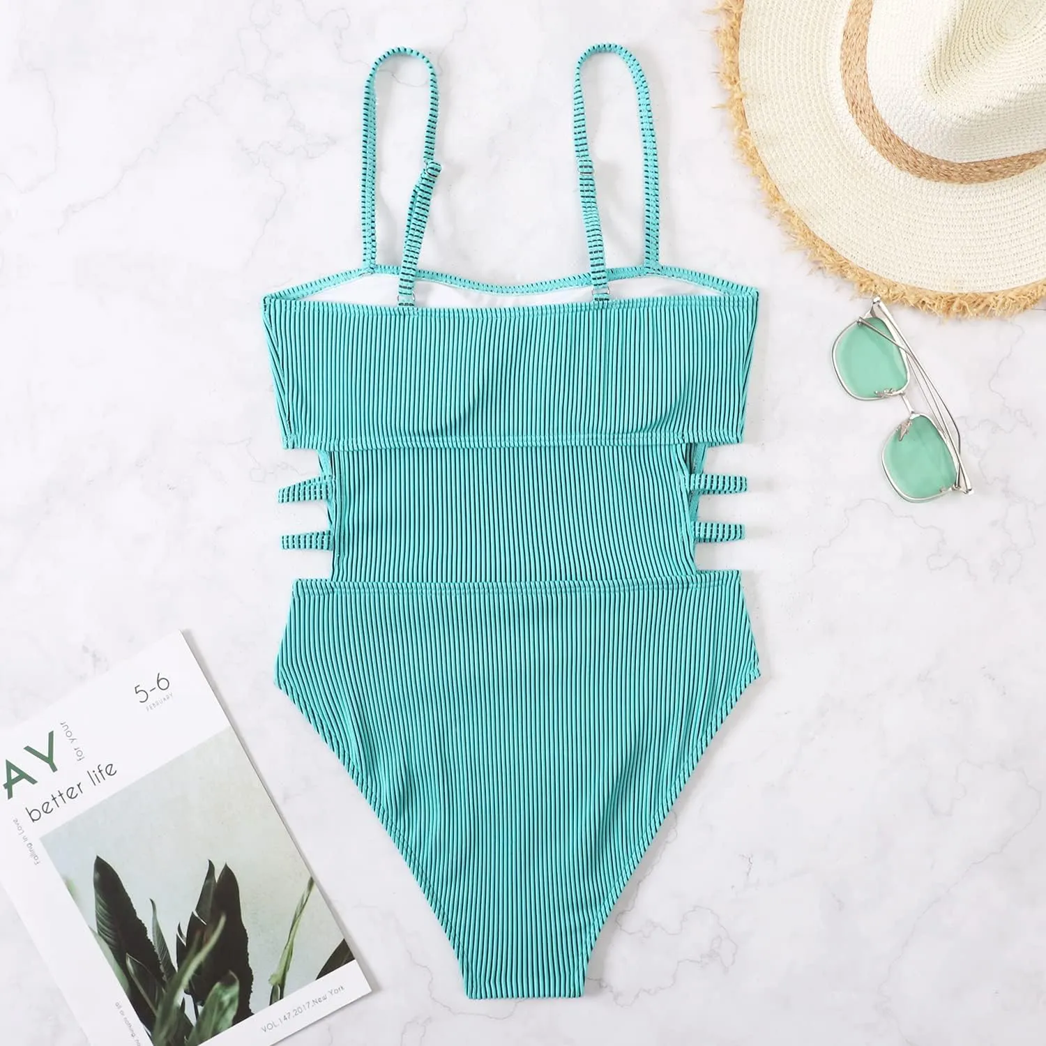 Sexy One Piece Swimsuit for Women Slimming Ribbed Bathing Suit Retro Swimsuit