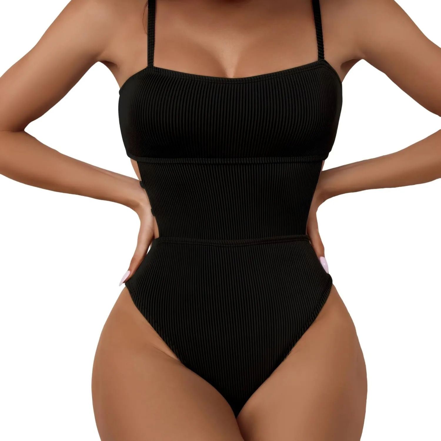 Sexy One Piece Swimsuit for Women Slimming Ribbed Bathing Suit Retro Swimsuit