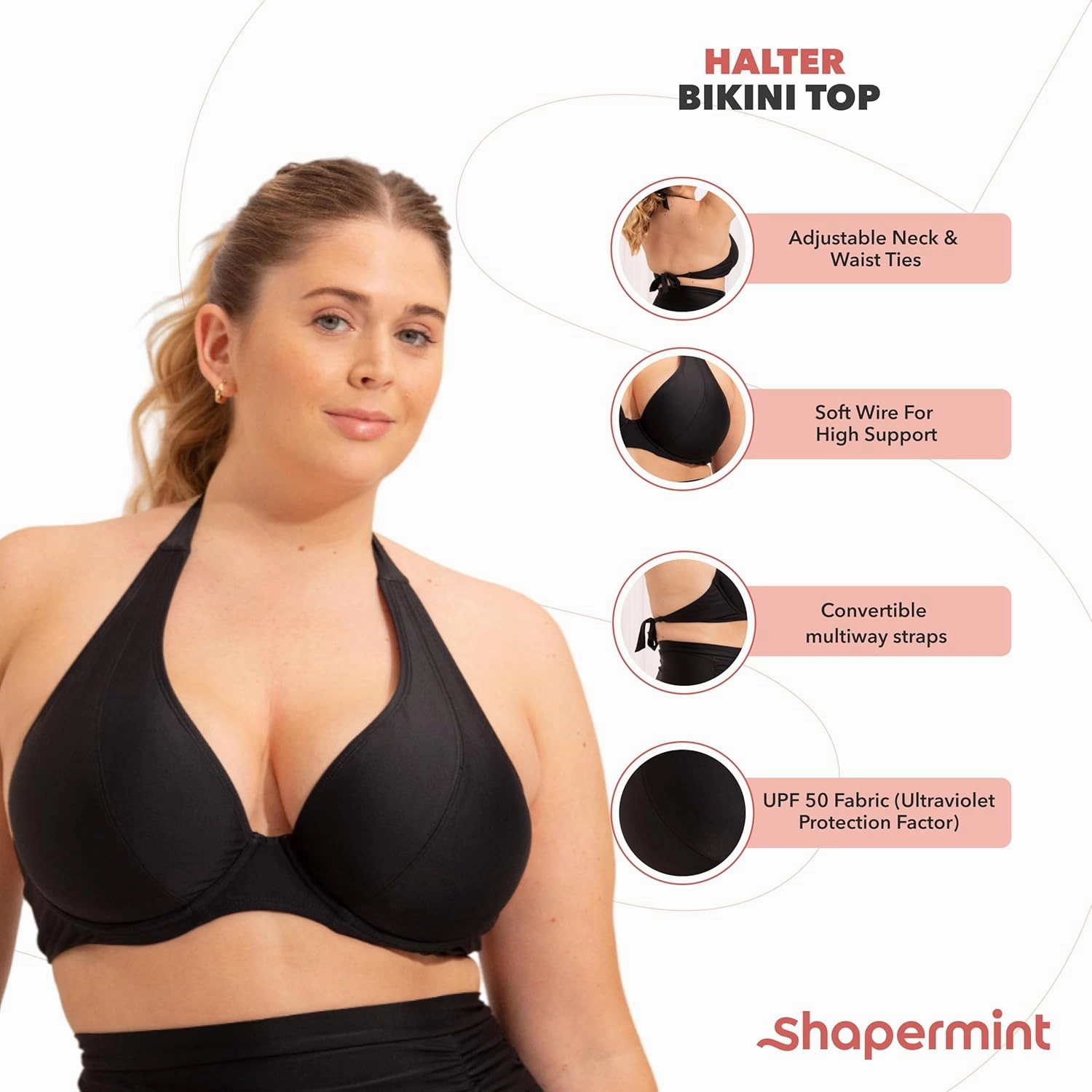 SHAPERMINT Women's Halter Bikini Top - Swim Tops for Women, Swimwear from Small to Plus Size