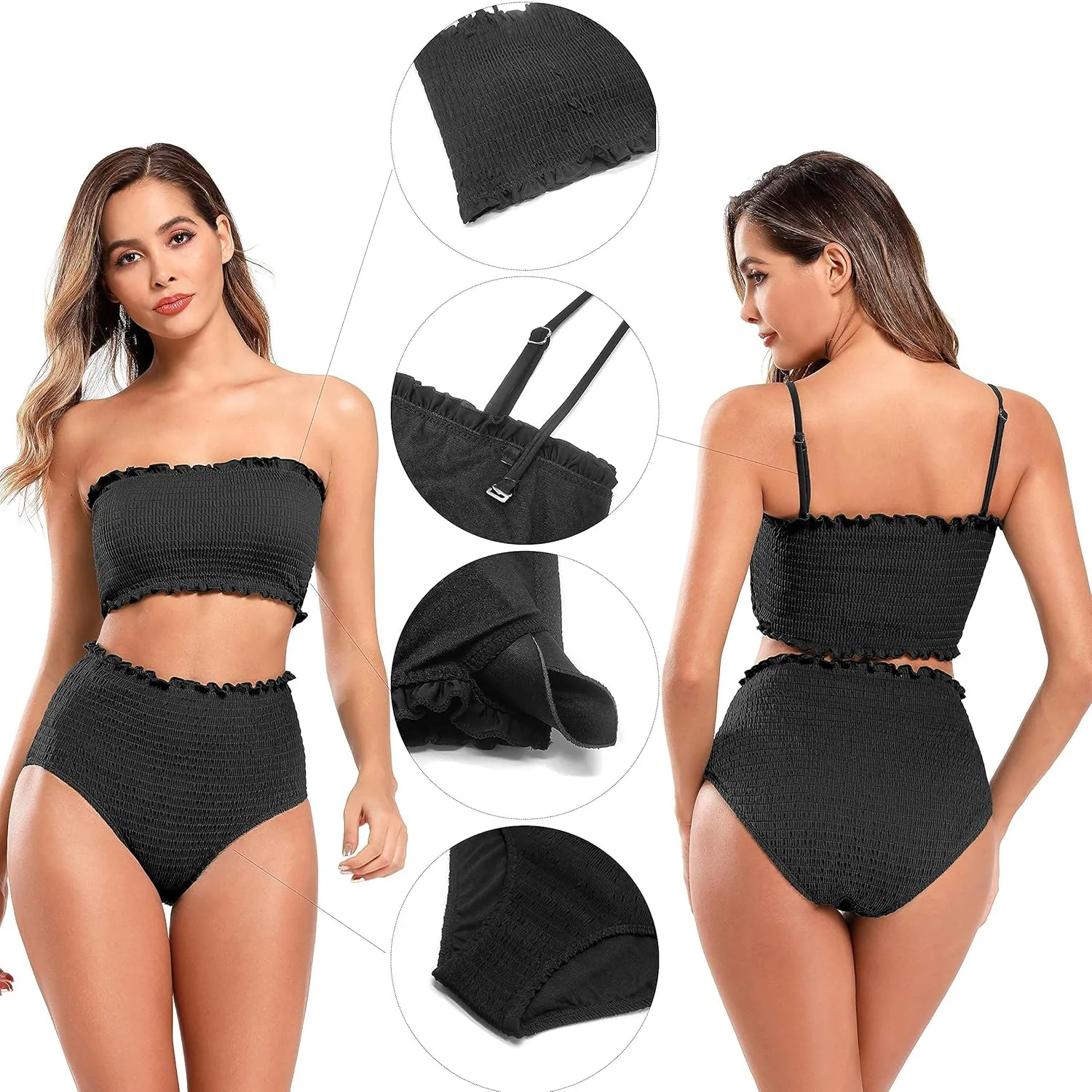 SHEKINI Women's Bikini Sets Shirred Bandeau Bikini Top High Waist Bathing Suit Removable Straps Two Piece Swimsuit