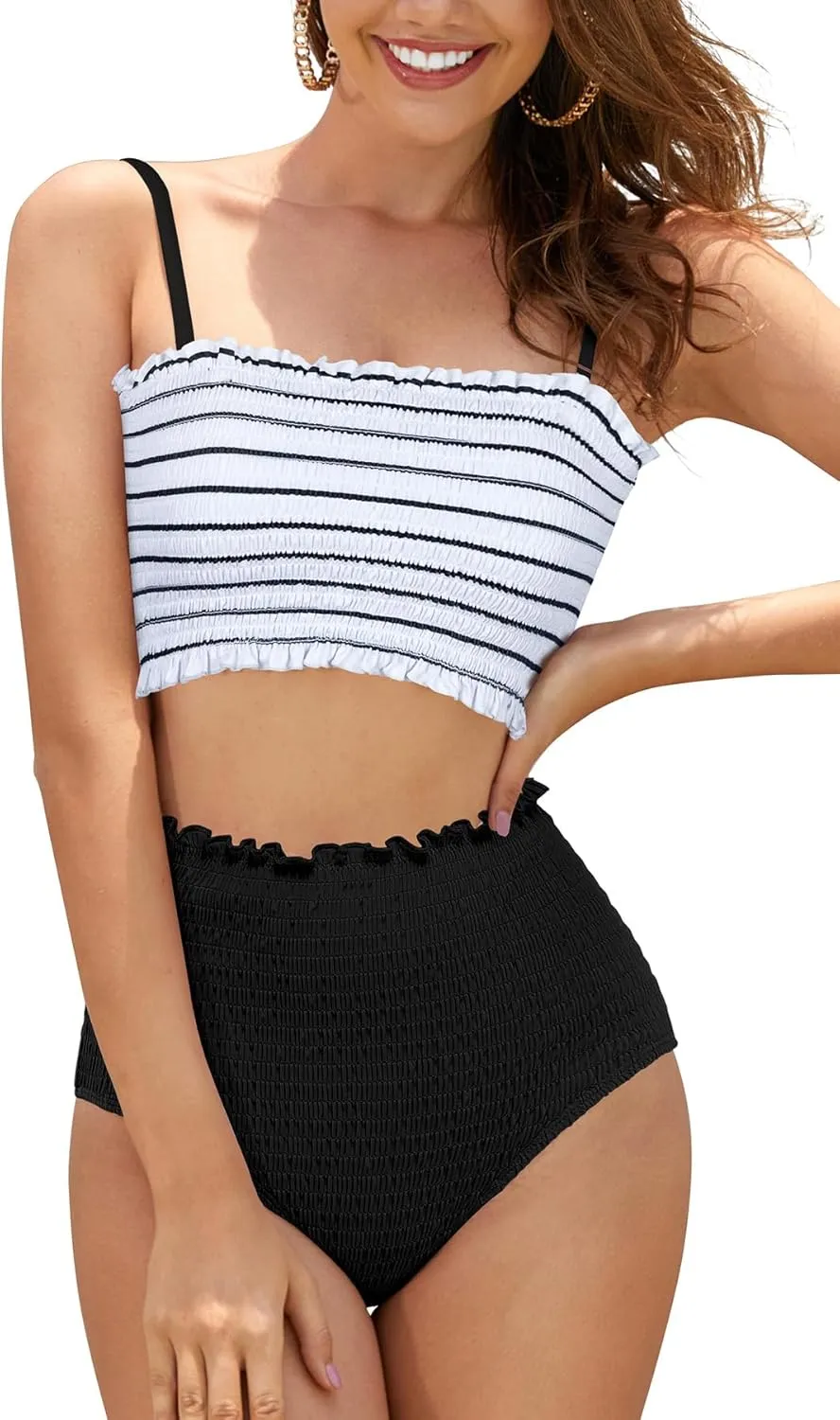 SHEKINI Women's Bikini Sets Shirred Bandeau Bikini Top High Waist Bathing Suit Removable Straps Two Piece Swimsuit