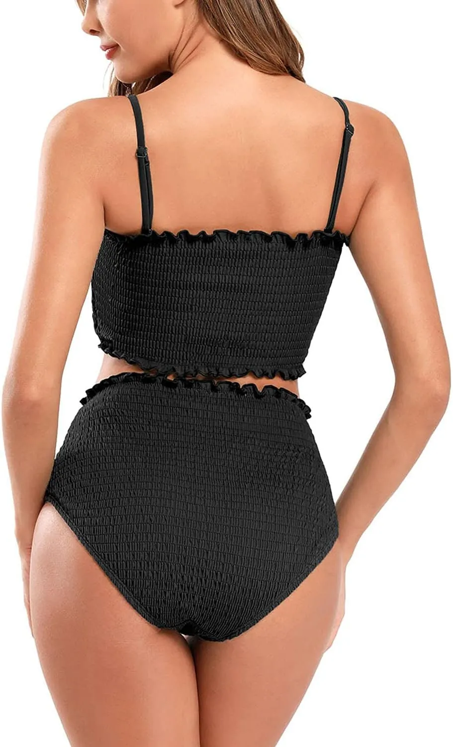 SHEKINI Women's Bikini Sets Shirred Bandeau Bikini Top High Waist Bathing Suit Removable Straps Two Piece Swimsuit