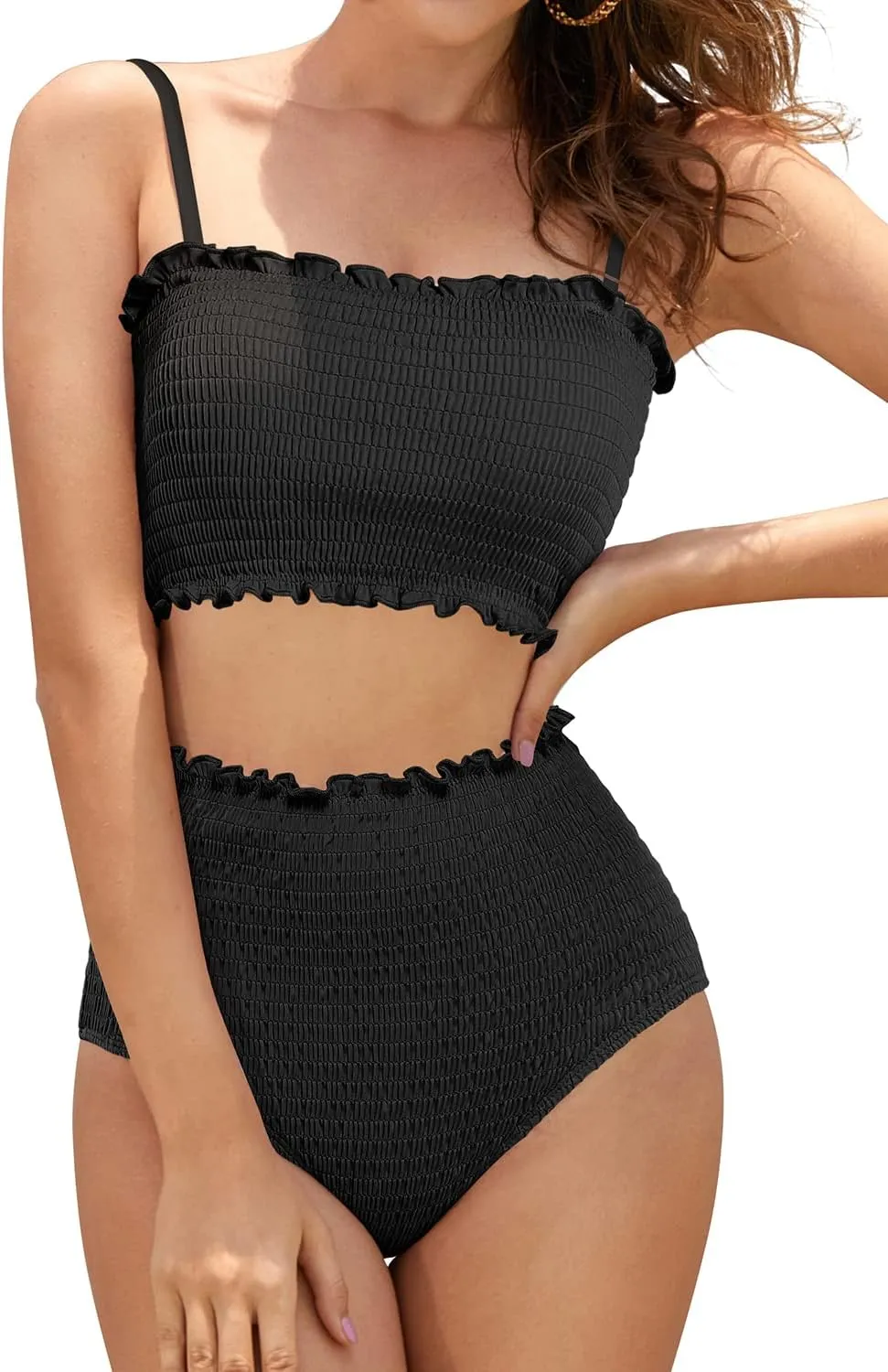 SHEKINI Women's Bikini Sets Shirred Bandeau Bikini Top High Waist Bathing Suit Removable Straps Two Piece Swimsuit