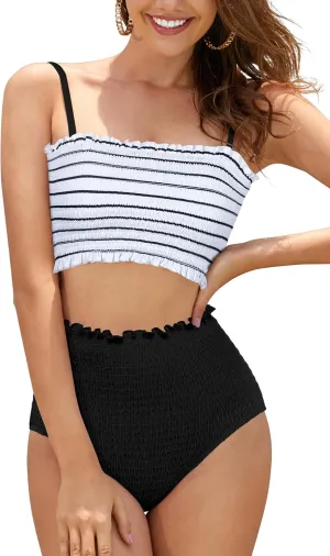 SHEKINI Women's Bikini Sets Shirred Bandeau Bikini Top High Waist Bathing Suit Removable Straps Two Piece Swimsuit