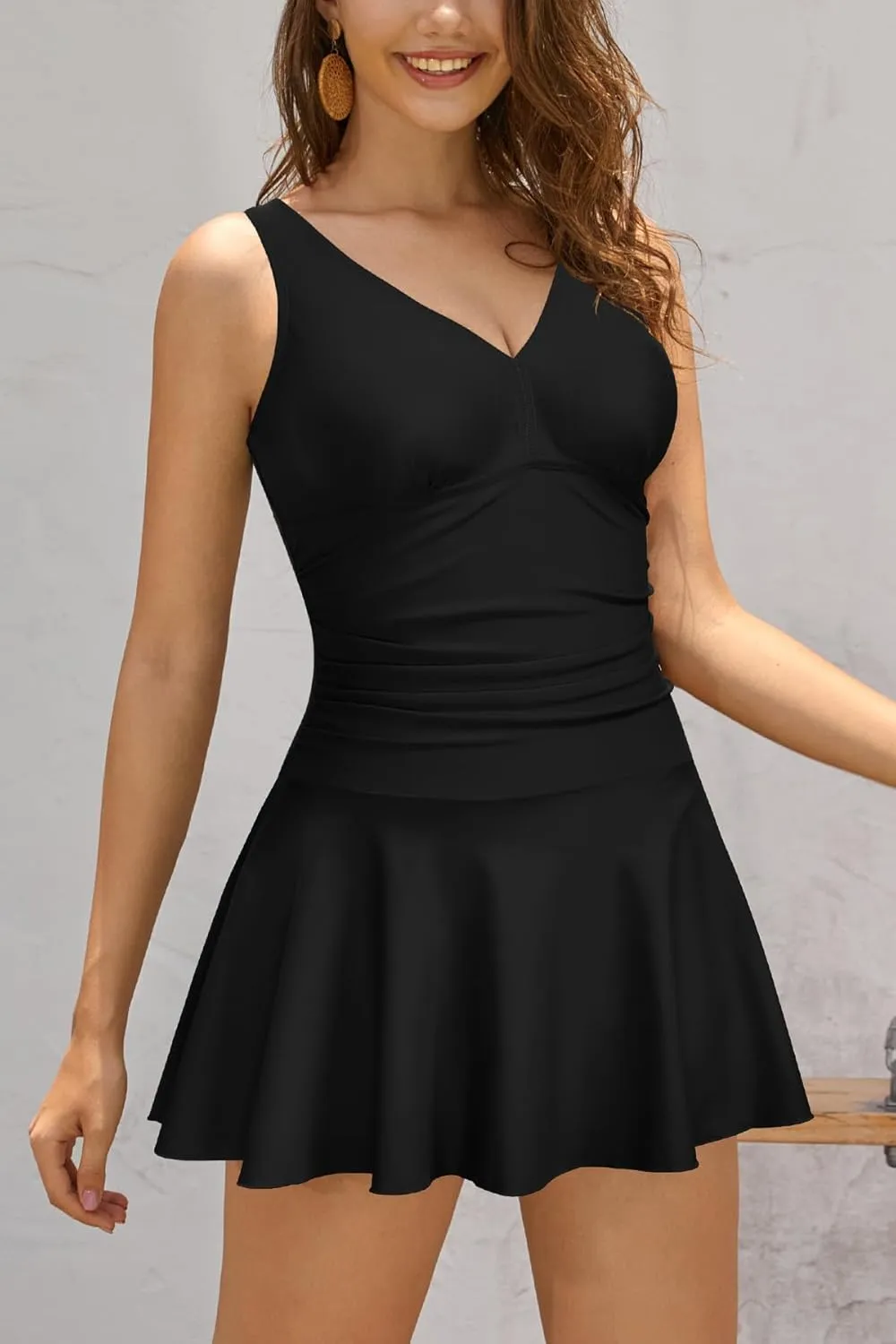 SHEKINI Women's V Neck One Piece Skirt Swimsuit Ruched Retro Swimdress Bathing Suit