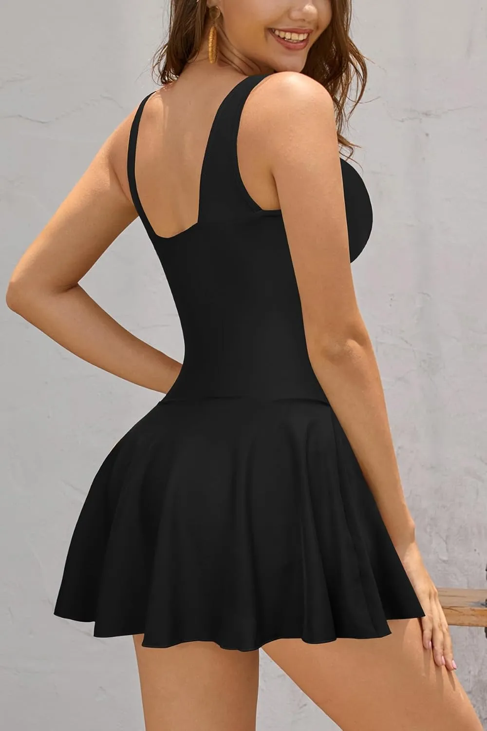 SHEKINI Women's V Neck One Piece Skirt Swimsuit Ruched Retro Swimdress Bathing Suit