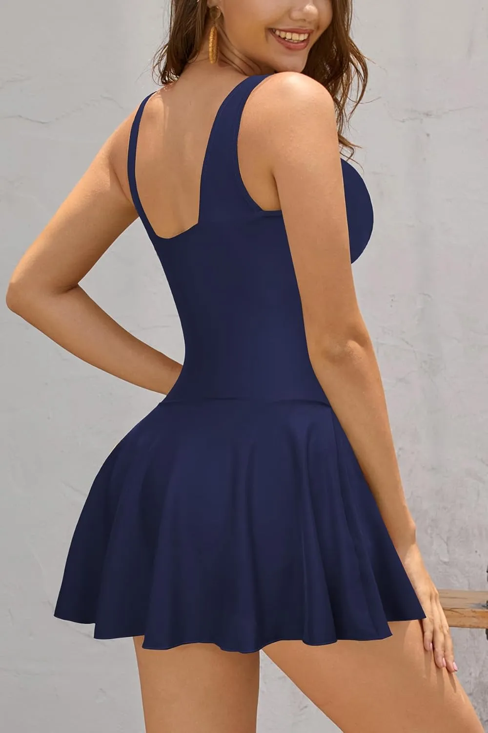 SHEKINI Women's V Neck One Piece Skirt Swimsuit Ruched Retro Swimdress Bathing Suit