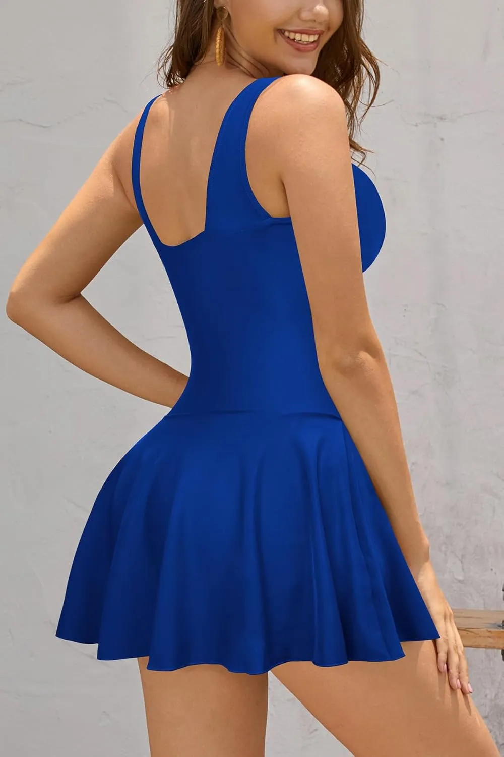 SHEKINI Women's V Neck One Piece Skirt Swimsuit Ruched Retro Swimdress Bathing Suit