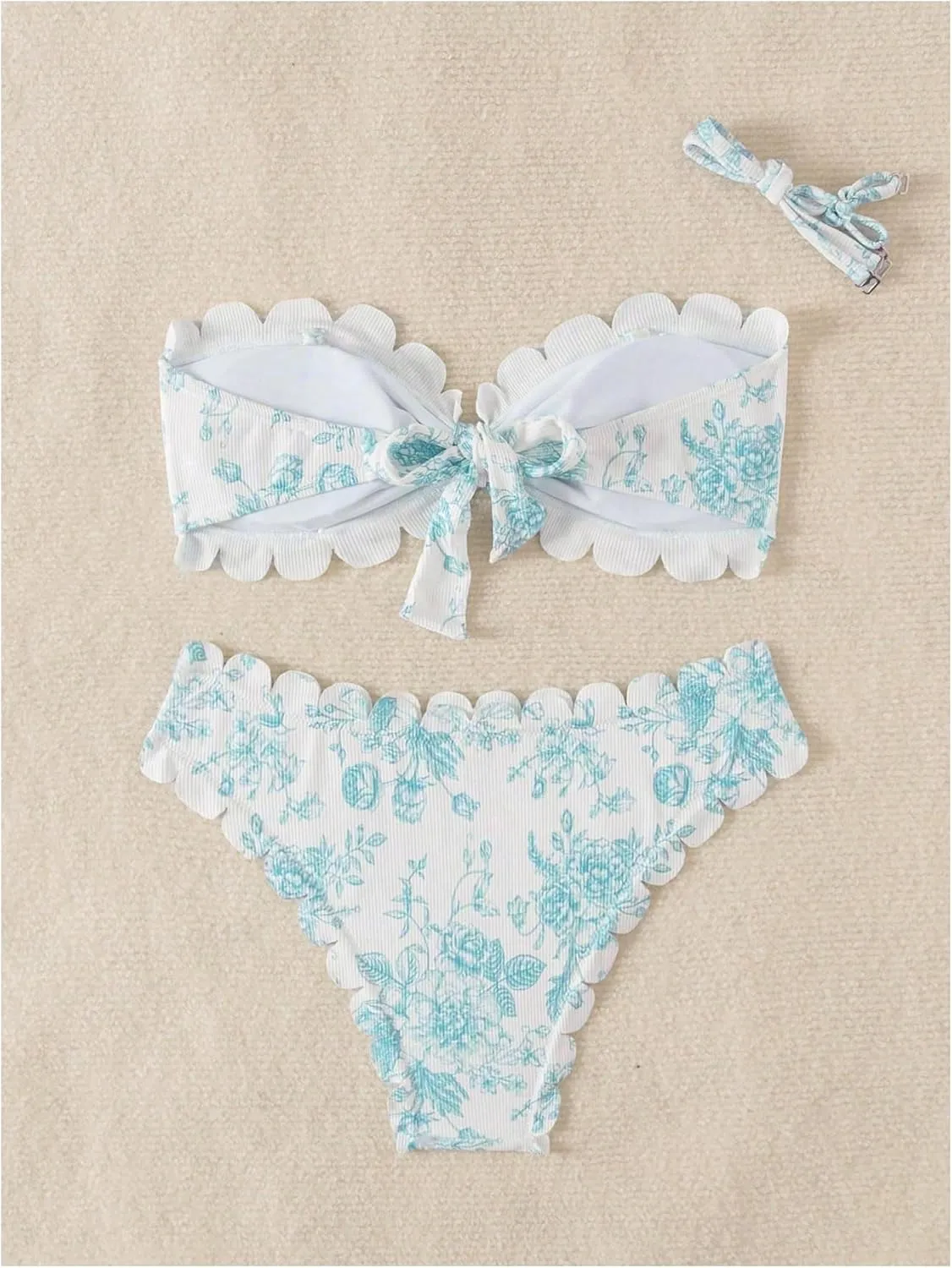 SHENHE Women's 2 Piece Bandeau Bikini Sets Floral Print Scalloped Boho Strapless Swimsuits