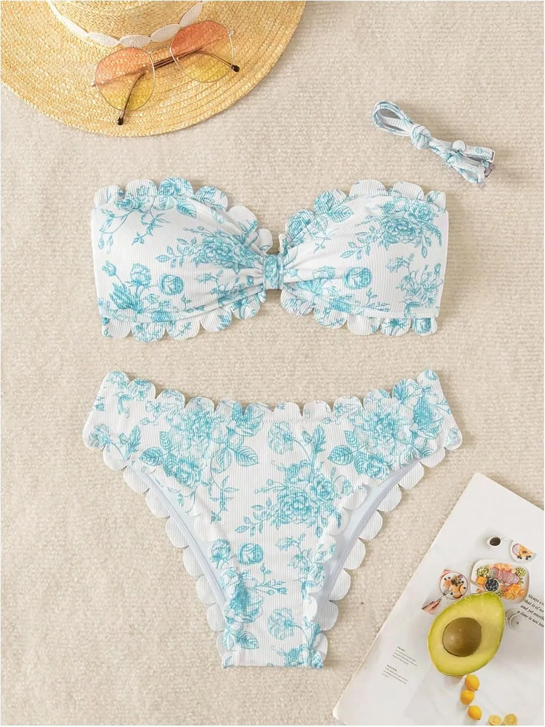 SHENHE Women's 2 Piece Bandeau Bikini Sets Floral Print Scalloped Boho Strapless Swimsuits