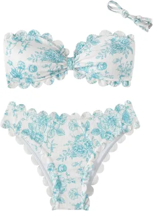 SHENHE Women's 2 Piece Bandeau Bikini Sets Floral Print Scalloped Boho Strapless Swimsuits