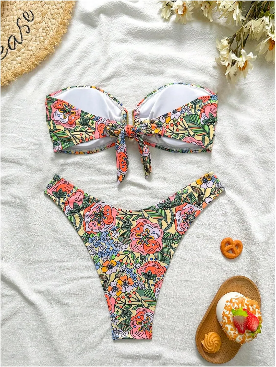 SHENHE Women's 2 Piece Strapless Swimsuit U Wire Floral Tie Back Ruched Bandeau Bikini with Thong Set