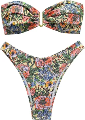 SHENHE Women's 2 Piece Strapless Swimsuit U Wire Floral Tie Back Ruched Bandeau Bikini with Thong Set