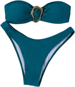 SHENHE Women's 2 Piece Strapless Swimsuits High Cut Metal Ring Tube Top Bandeau Bikini Set