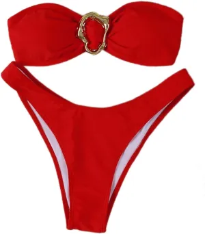 SHENHE Women's 2 Piece Strapless Swimsuits High Cut Metal Ring Tube Top Bandeau Bikini Set