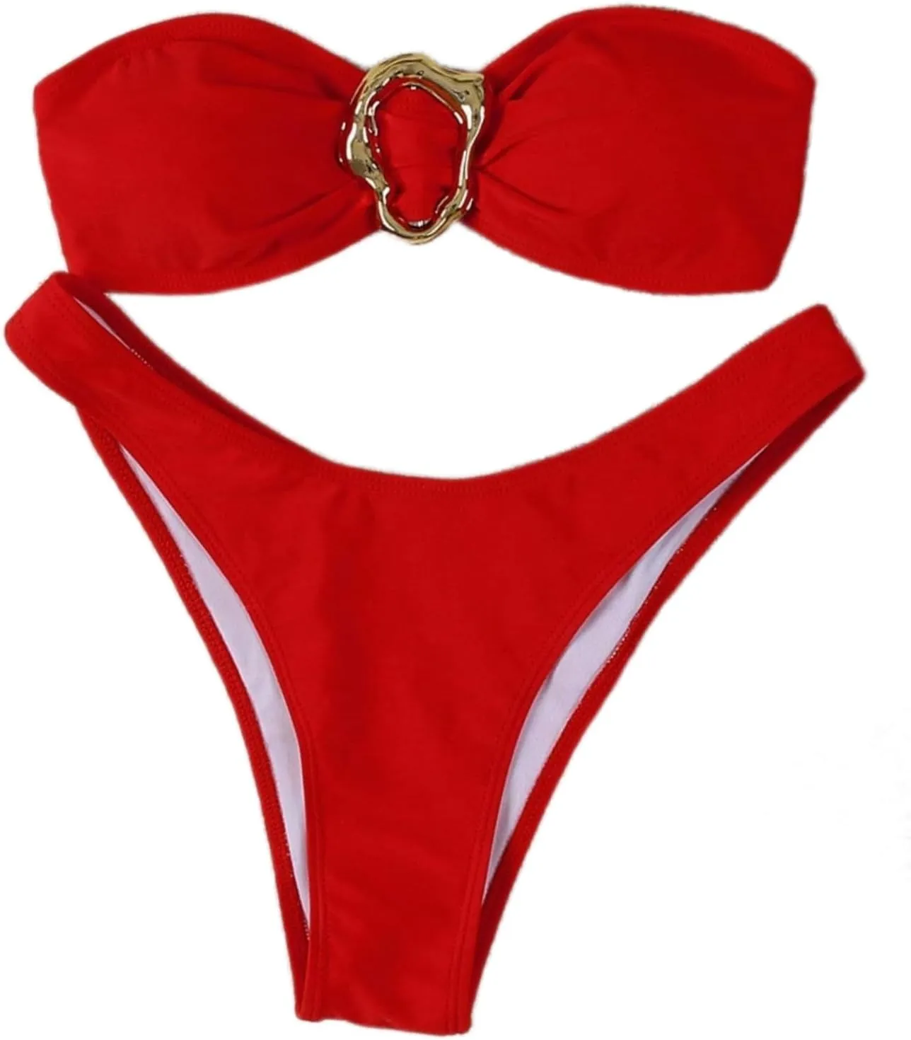 SHENHE Women's 2 Piece Strapless Swimsuits High Cut Metal Ring Tube Top Bandeau Bikini Set