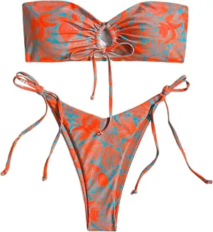 SHENHE Women's Strapless 2 Piece Tropical Swimsuit Drawstring Tie Side Bandeau Bikini