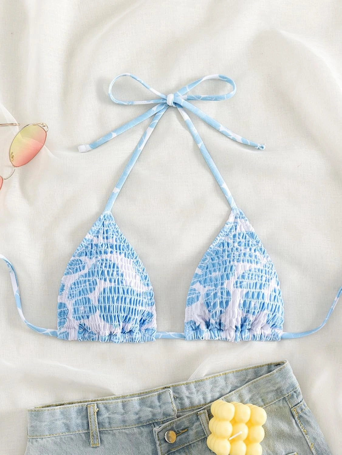 SHENHE Women's Triangle Halter Bikini Top Floral Tie Back Smocked Cute Swimsuit Top
