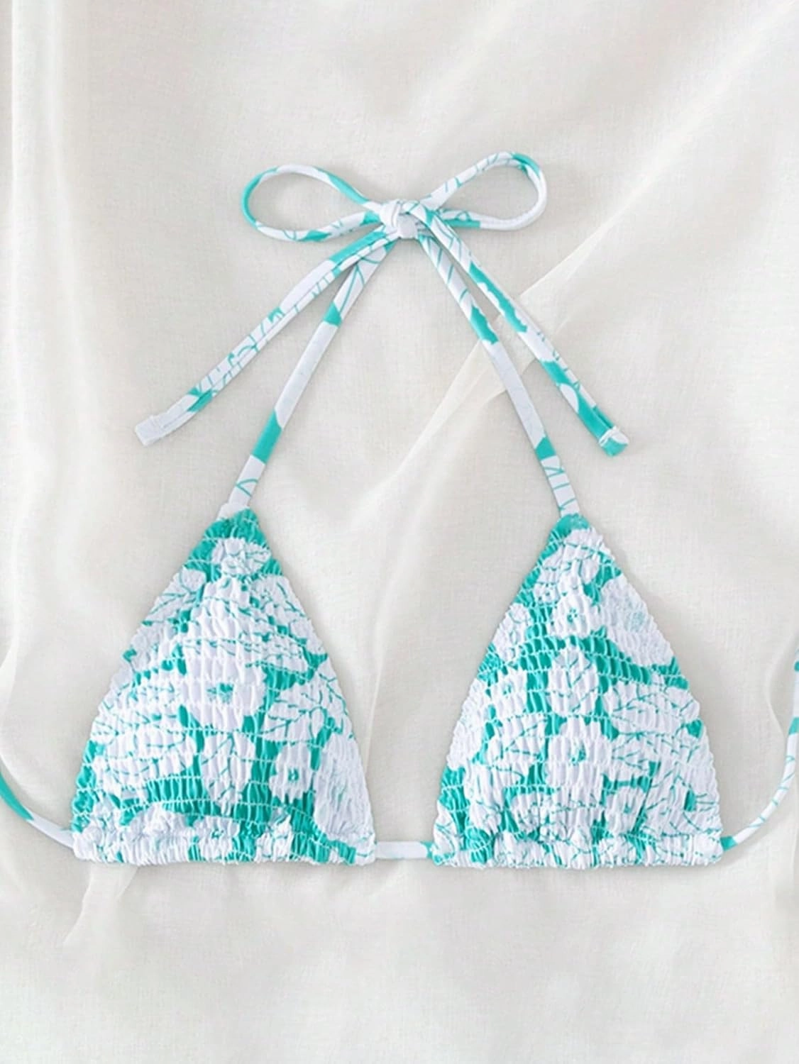 SHENHE Women's Triangle Halter Bikini Top Floral Tie Back Smocked Cute Swimsuit Top
