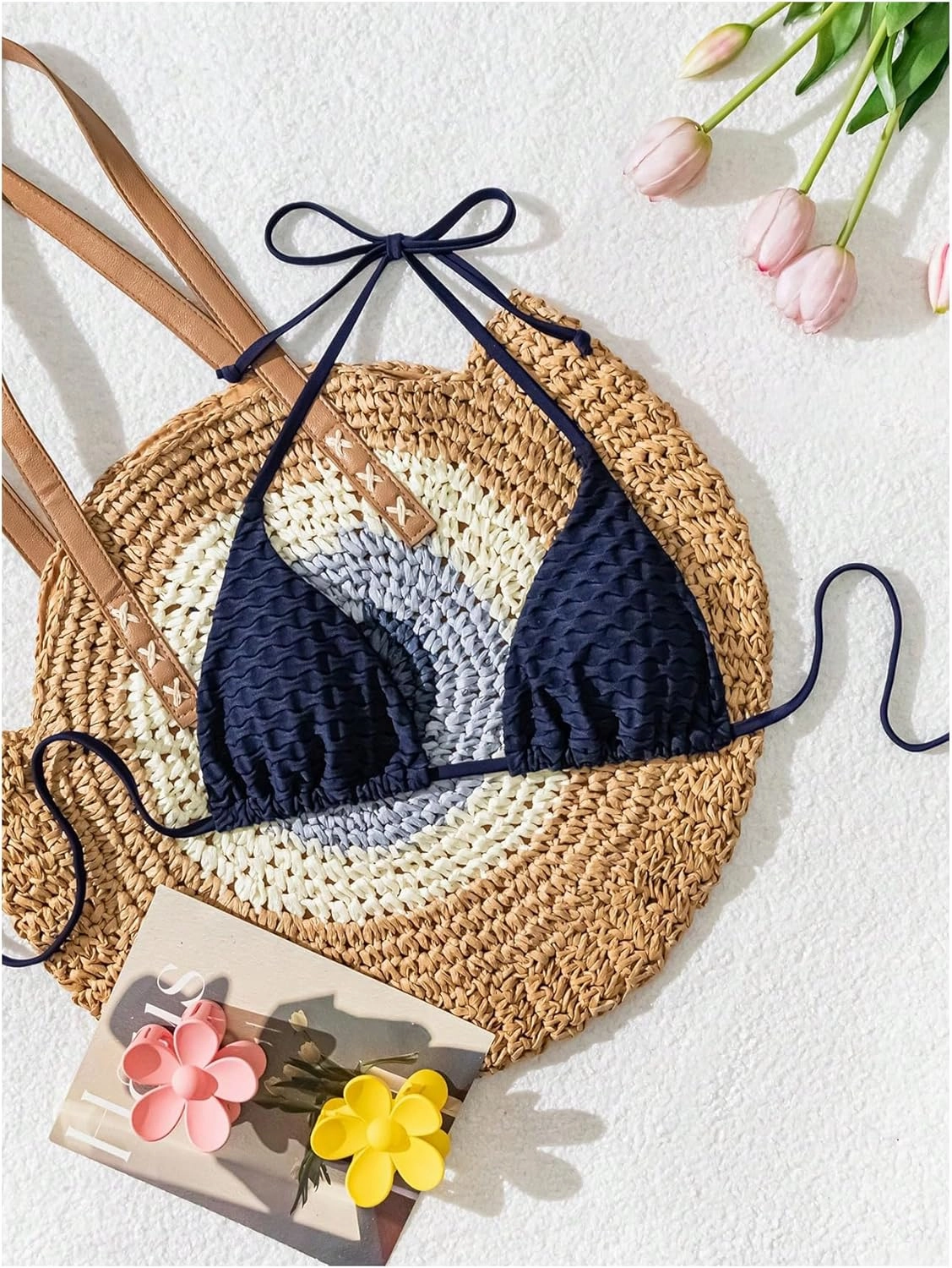 SHENHE Women's Triangle Halter Bikini Top Floral Tie Back Smocked Cute Swimsuit Top