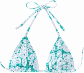 SHENHE Women's Triangle Halter Bikini Top Floral Tie Back Smocked Cute Swimsuit Top