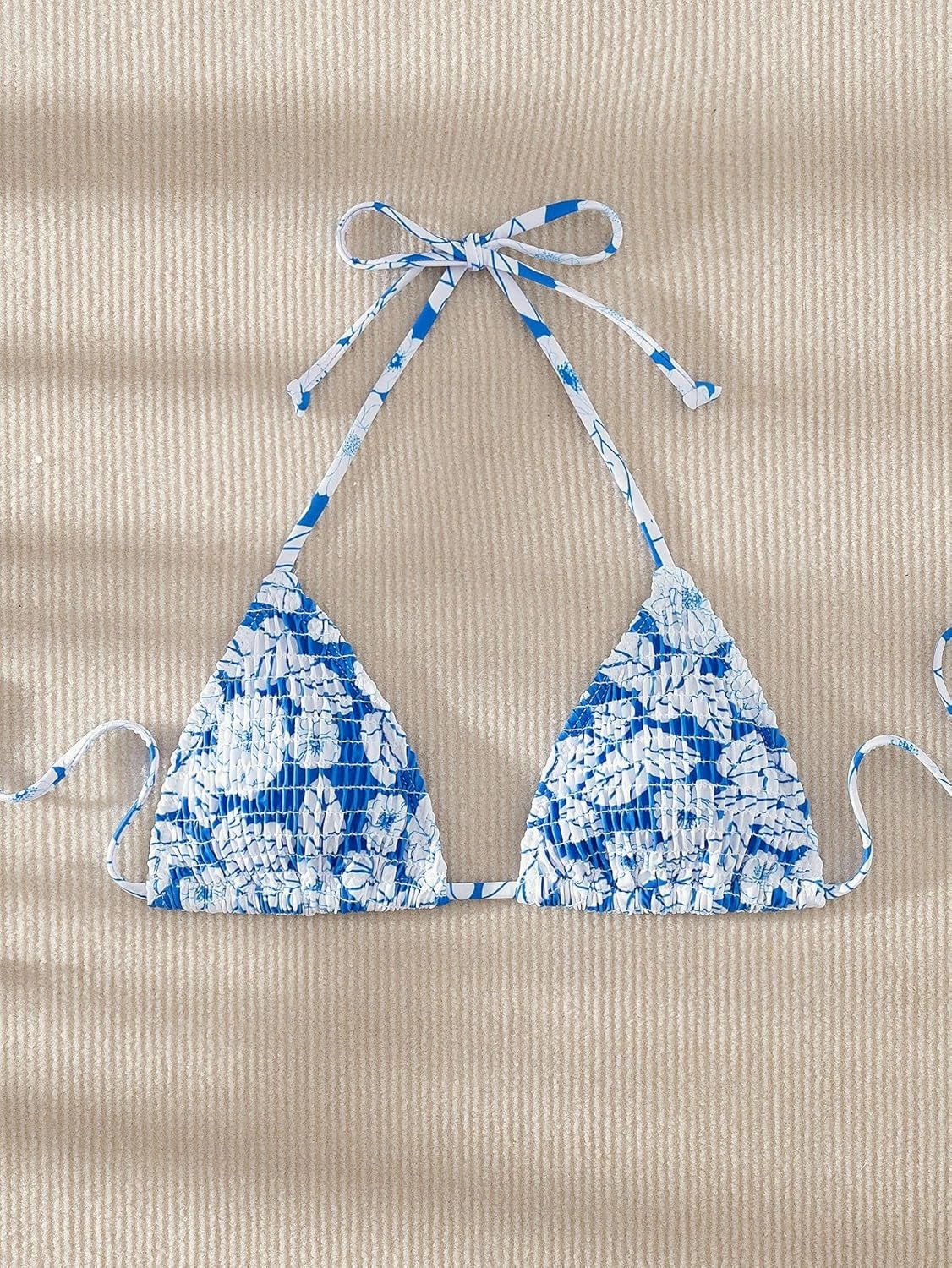 SHENHE Women's Triangle Halter Bikini Top Floral Tie Back Smocked Cute Swimsuit Top
