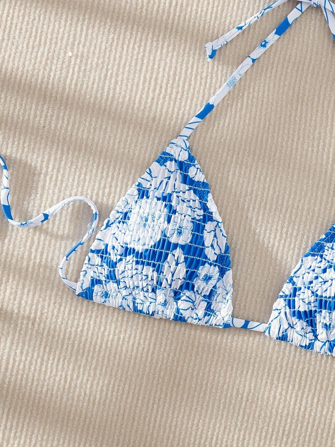 SHENHE Women's Triangle Halter Bikini Top Floral Tie Back Smocked Cute Swimsuit Top
