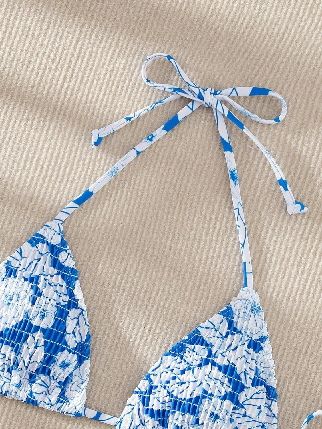 SHENHE Women's Triangle Halter Bikini Top Floral Tie Back Smocked Cute Swimsuit Top