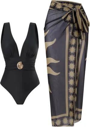 SherryDC One Piece Swimsuit with Cover up Wrap Skirt Sarong Floral Print Plunge V Neck Bathing Suit for Women