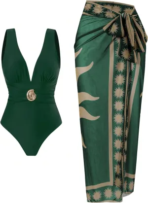 SherryDC One Piece Swimsuit with Cover up Wrap Skirt Sarong Floral Print Plunge V Neck Bathing Suit for Women