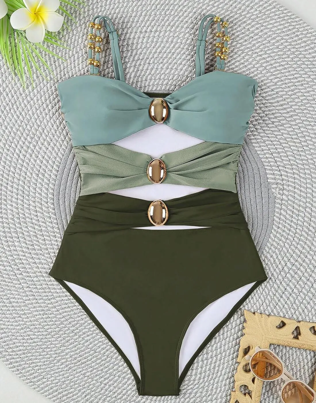 SherryDC Women's Cutout One Piece Swimsuit Bandeau Ruched Color Block High Waisted Bathing Suit with Removable Straps