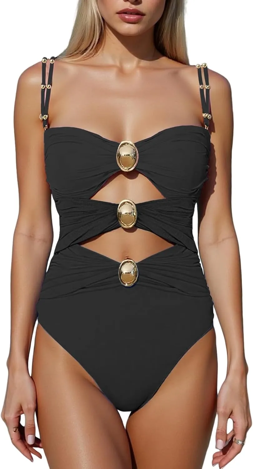 SherryDC Women's Cutout One Piece Swimsuit Bandeau Ruched Color Block High Waisted Bathing Suit with Removable Straps