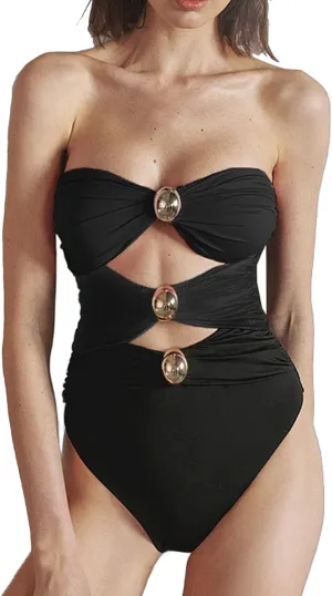 SherryDC Women's Cutout One Piece Swimsuit Bandeau Ruched Color Block High Waisted Bathing Suit with Removable Straps