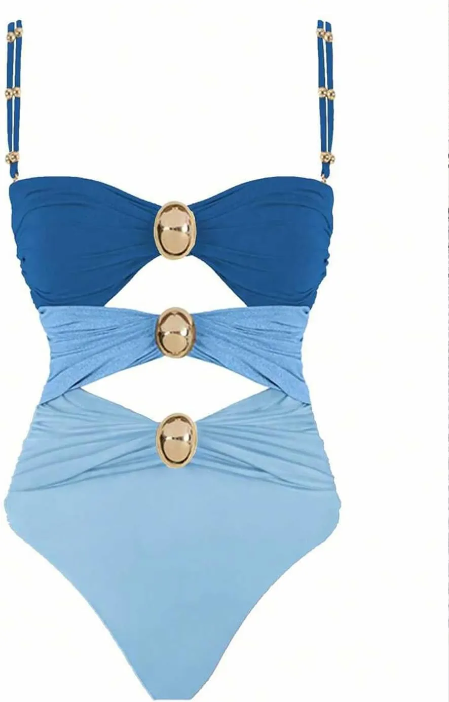 SherryDC Women's Cutout One Piece Swimsuit Bandeau Ruched Color Block High Waisted Bathing Suit with Removable Straps