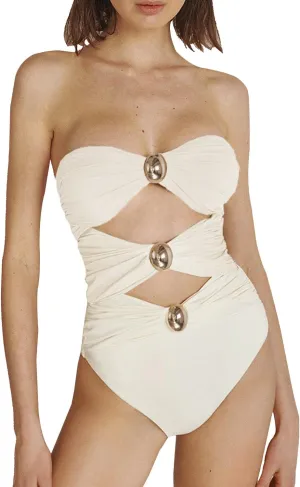 SherryDC Women's Cutout One Piece Swimsuit Bandeau Ruched Color Block High Waisted Bathing Suit with Removable Straps
