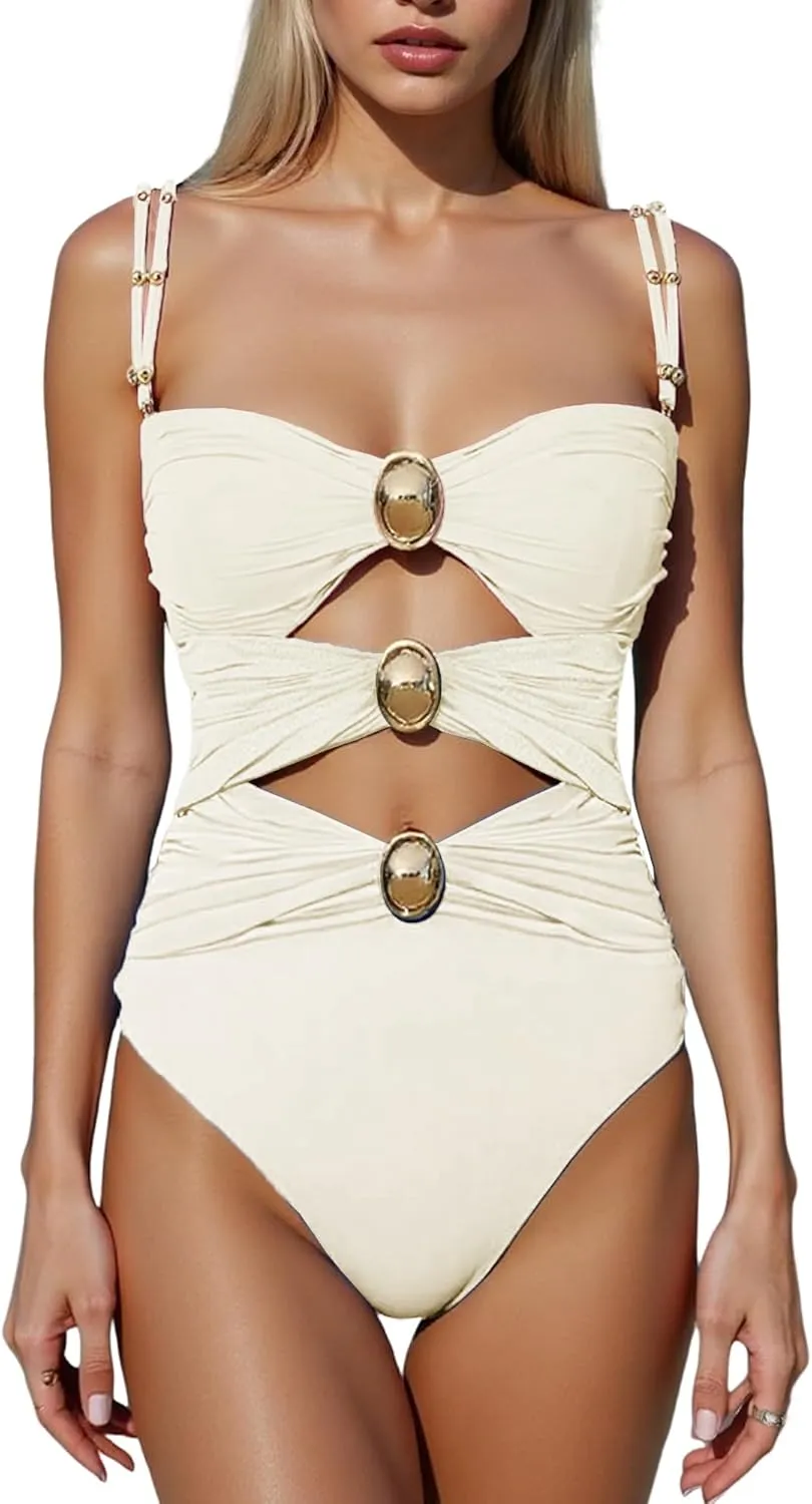SherryDC Women's Cutout One Piece Swimsuit Bandeau Ruched Color Block High Waisted Bathing Suit with Removable Straps