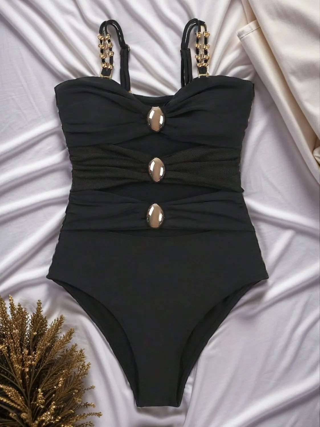 SherryDC Women's Cutout One Piece Swimsuit Bandeau Ruched Color Block High Waisted Bathing Suit with Removable Straps