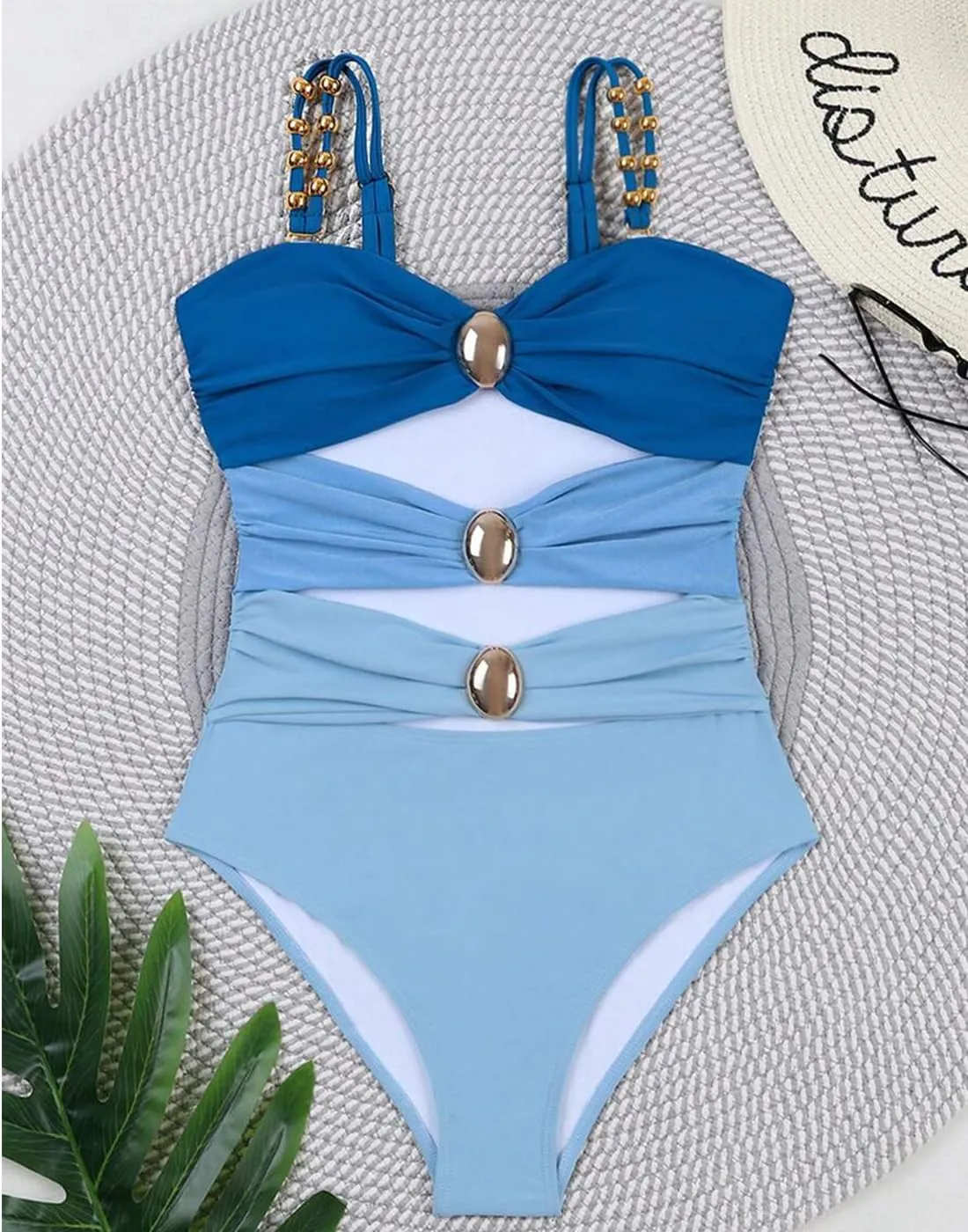 SherryDC Women's Cutout One Piece Swimsuit Bandeau Ruched Color Block High Waisted Bathing Suit with Removable Straps