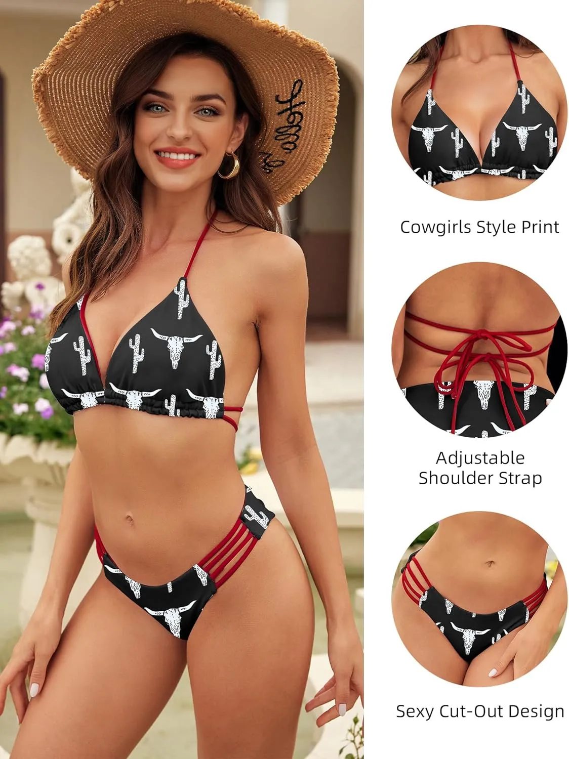 SHESHOW Bikini Sets for Women Cowgirl Style Two Piece Swimsuits Back Lace Up Mid Rise Sexy Bathing Suit Size XS-XL