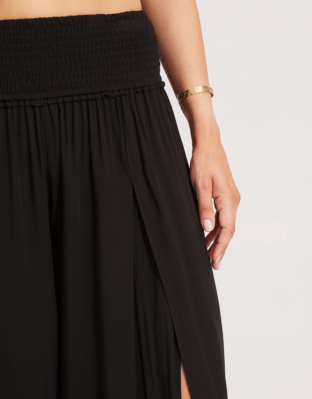 Shirred Waist Wrap Beach Trousers - Black