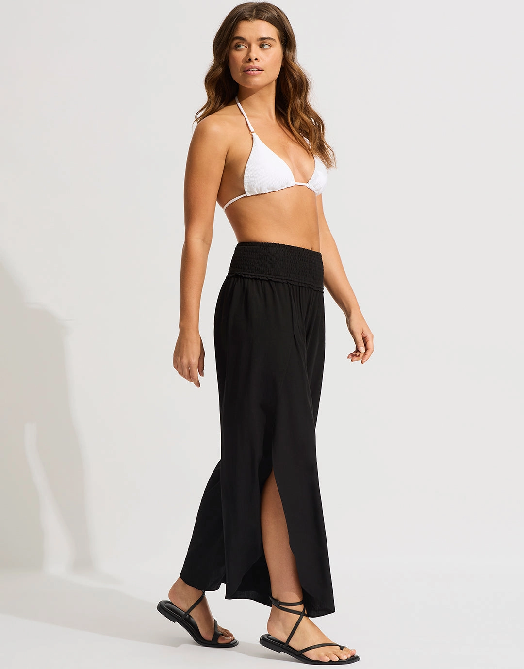 Shirred Waist Wrap Beach Trousers - Black
