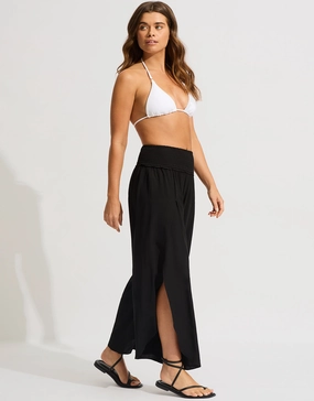 Shirred Waist Wrap Beach Trousers - Black